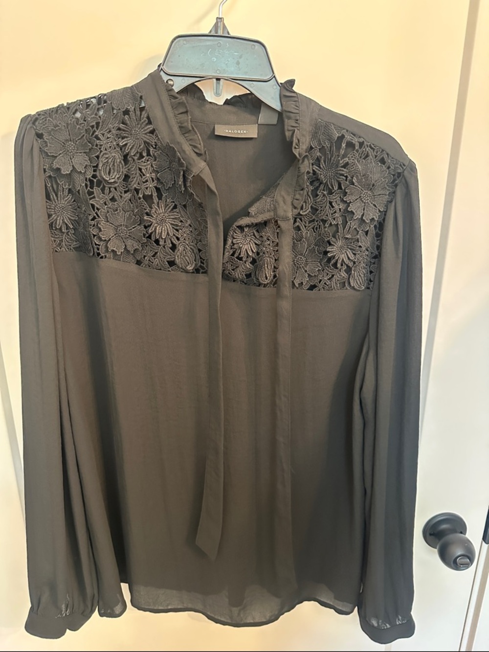 Halogen Black Lace Yoke Tie-Neck Blouse